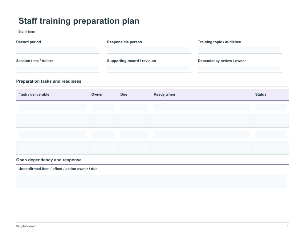 Blank staff training preparation plan template preview