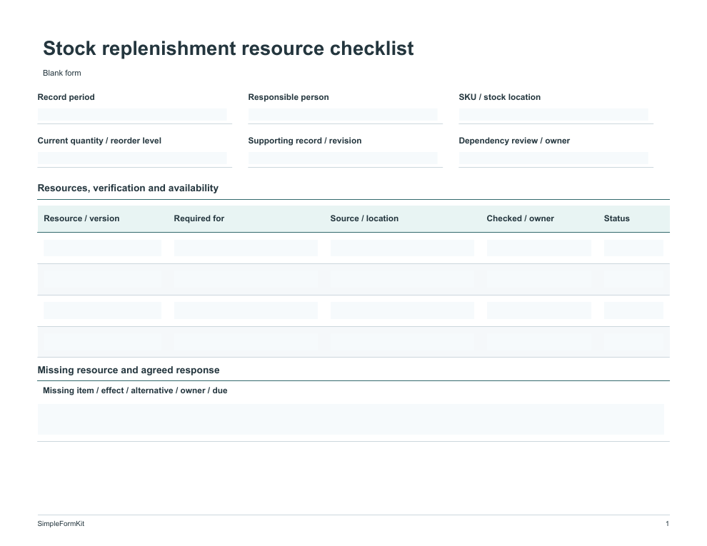 Blank stock replenishment resource checklist template preview