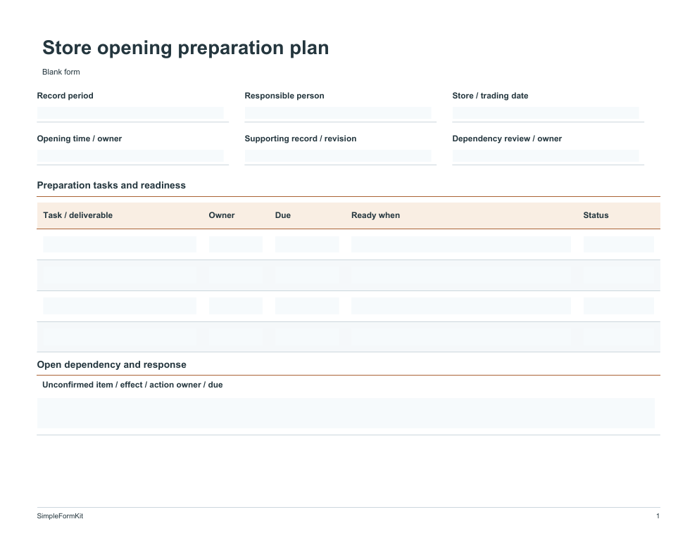 Blank store opening preparation plan template preview