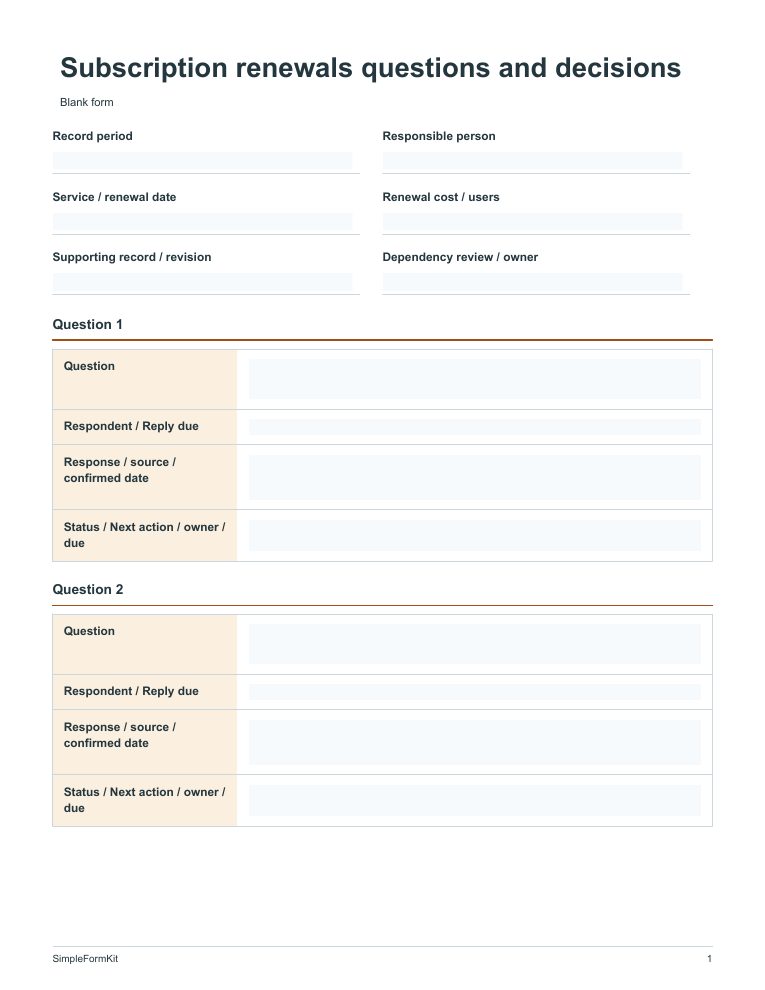Blank subscription renewals questions and decisions template preview