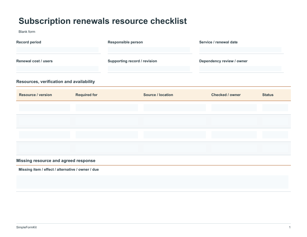 Blank subscription renewals resource checklist template preview
