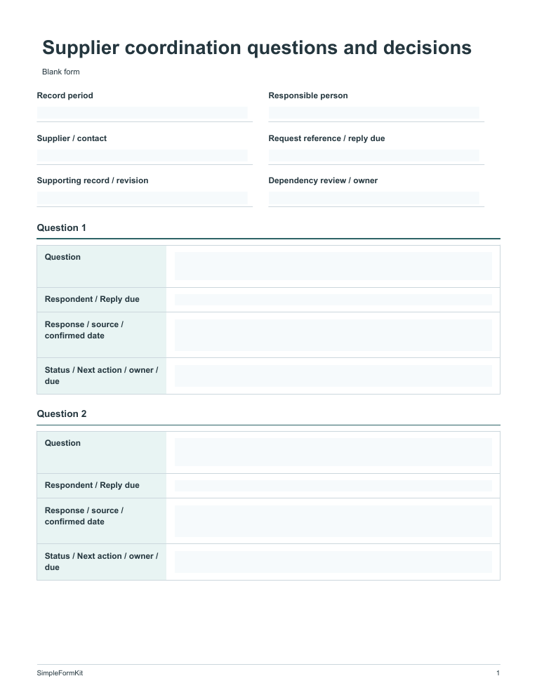 Blank supplier coordination questions and decisions template preview
