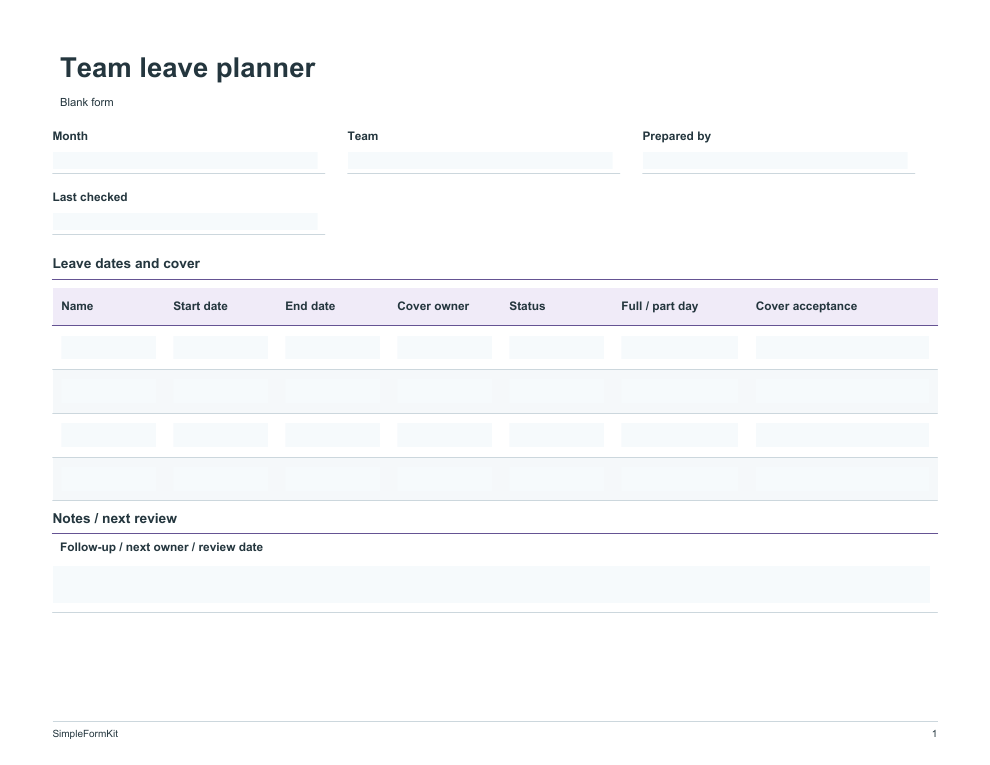 Blank team leave planner template preview