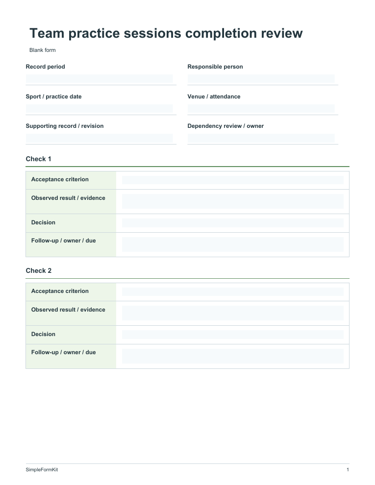 Blank team practice sessions completion review template preview