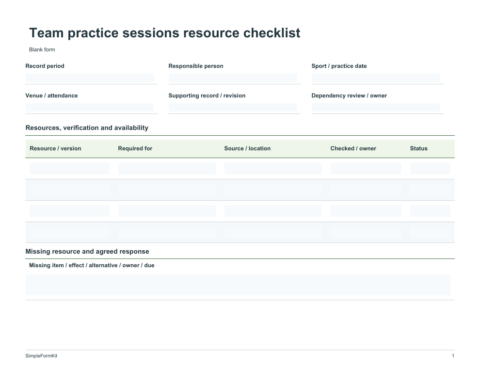 Blank team practice sessions resource checklist template preview