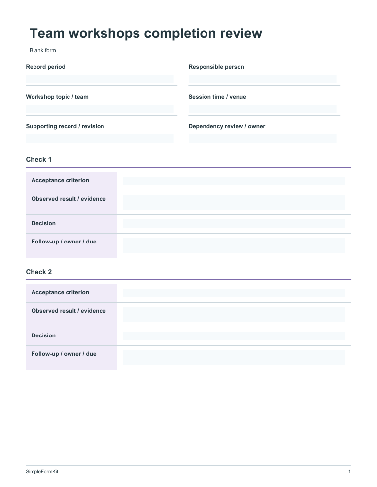 Blank team workshops completion review template preview