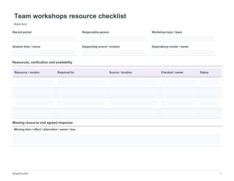 Blank team workshops resource checklist template preview