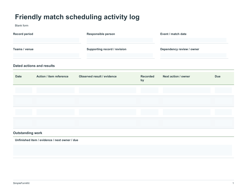Blank friendly match scheduling activity log template preview