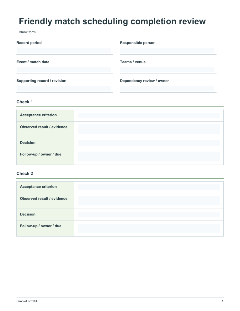 Blank friendly match scheduling completion review template preview