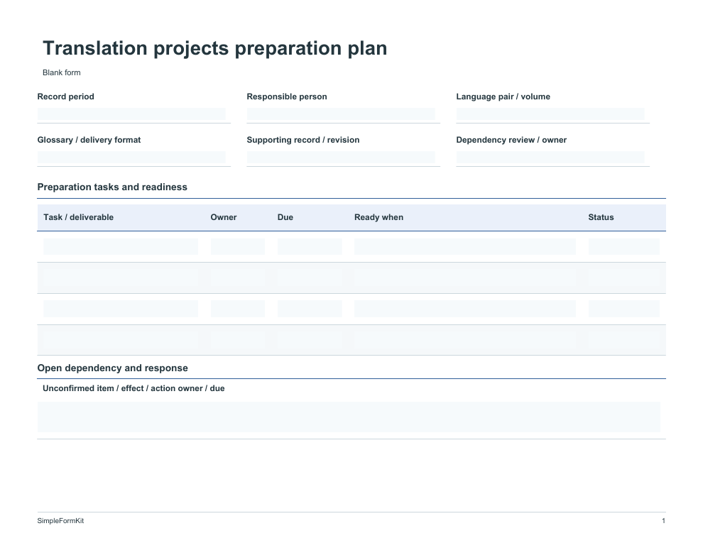 Blank translation projects preparation plan template preview