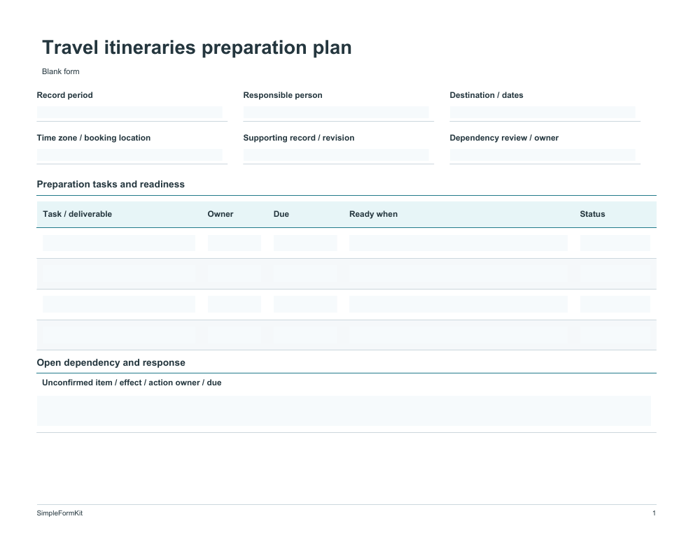 Blank travel itineraries preparation plan template preview
