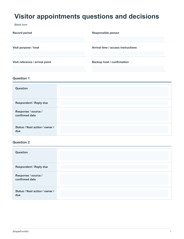 Blank visitor appointments questions and decisions template preview