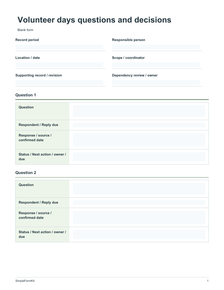 Blank volunteer days questions and decisions template preview