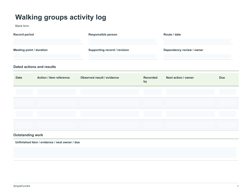 Blank walking groups activity log template preview