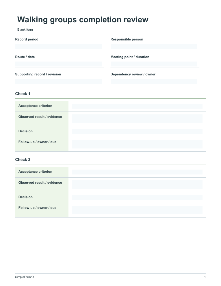 Blank walking groups completion review template preview