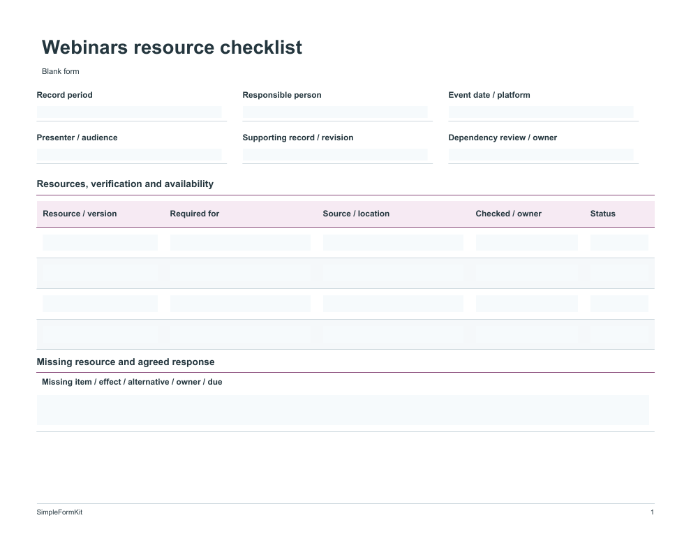 Blank webinars resource checklist template preview