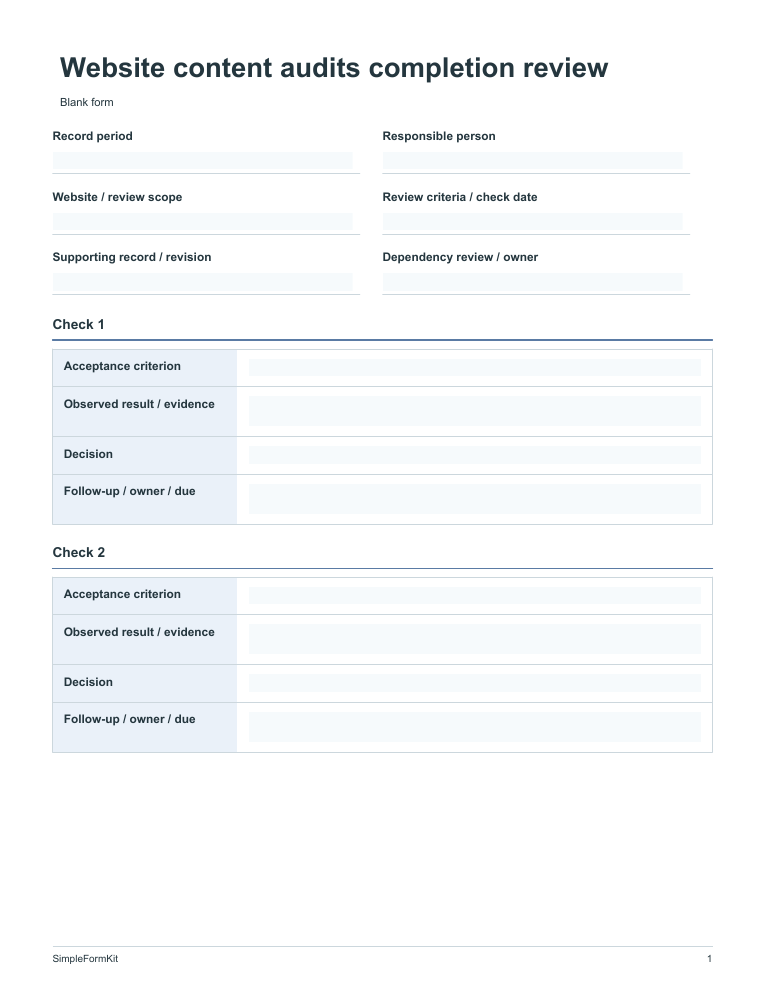 Blank website content audits completion review template preview