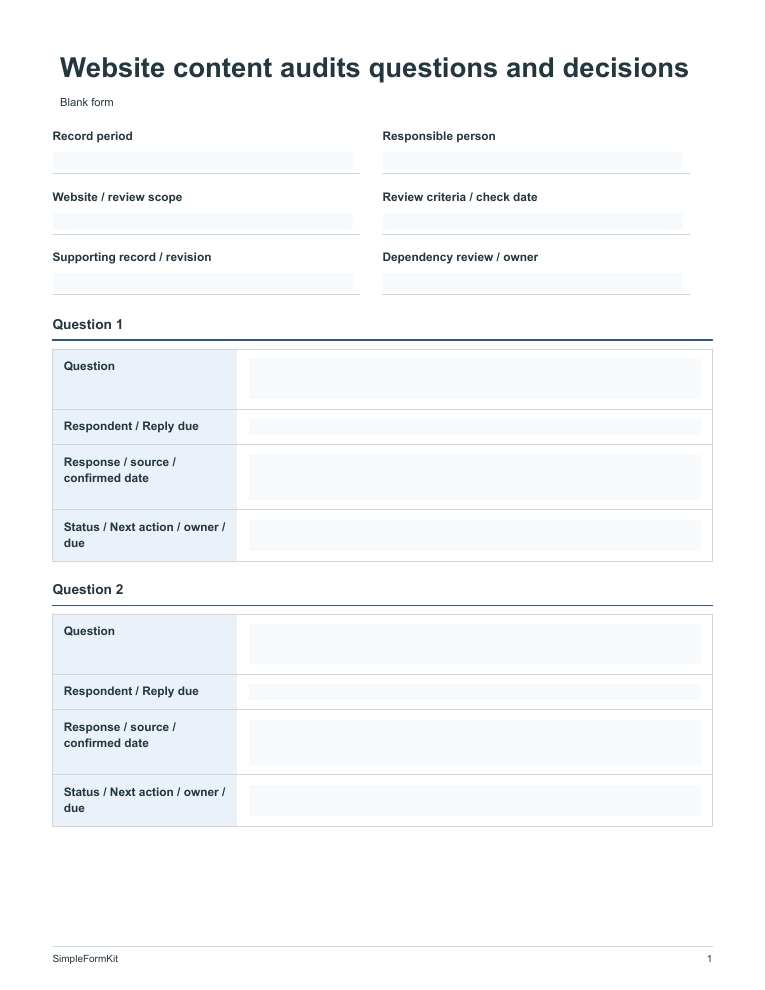 Blank website content audits questions and decisions template preview