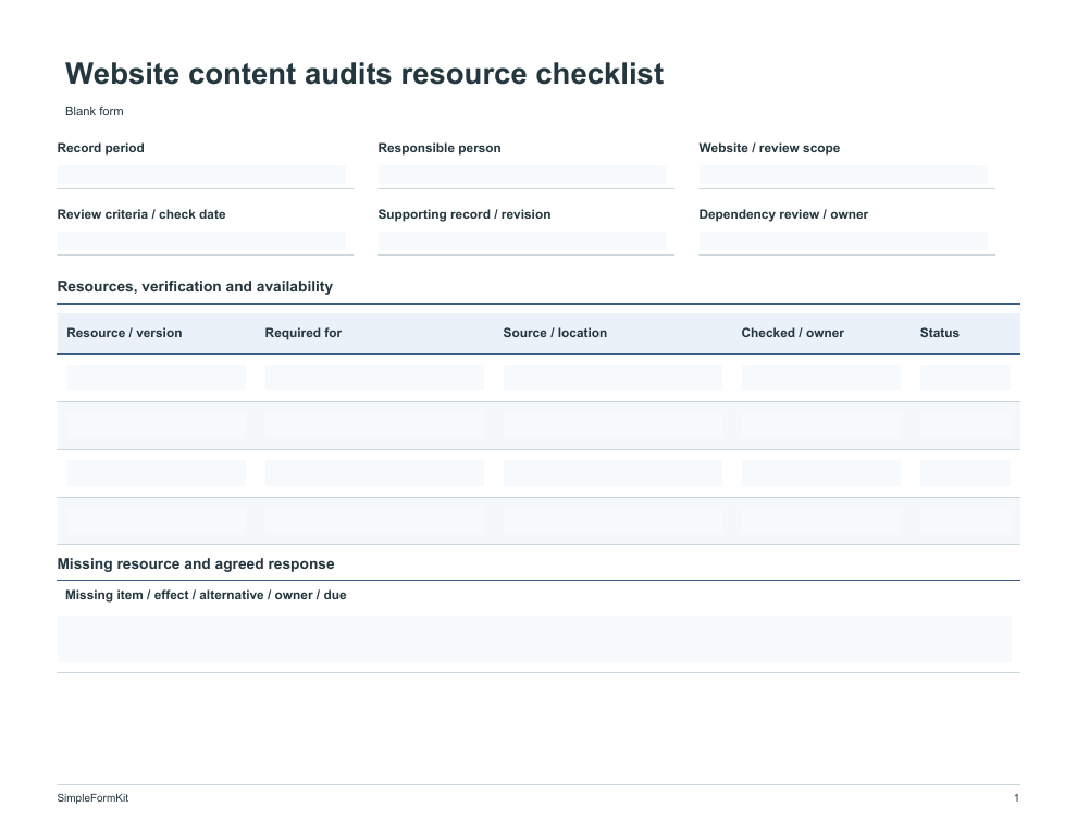 Blank website content audits resource checklist template preview