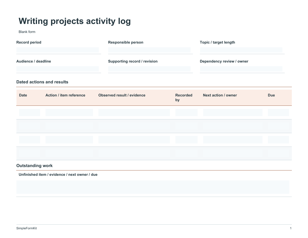 Blank writing projects activity log template preview